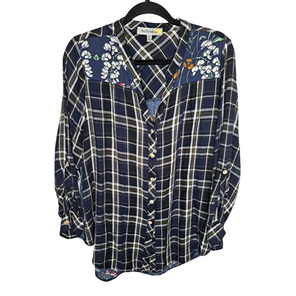 Figuerca & Flower XL Blue Plaid Mixed Print Floral Button Down Long Sleeve Shirt